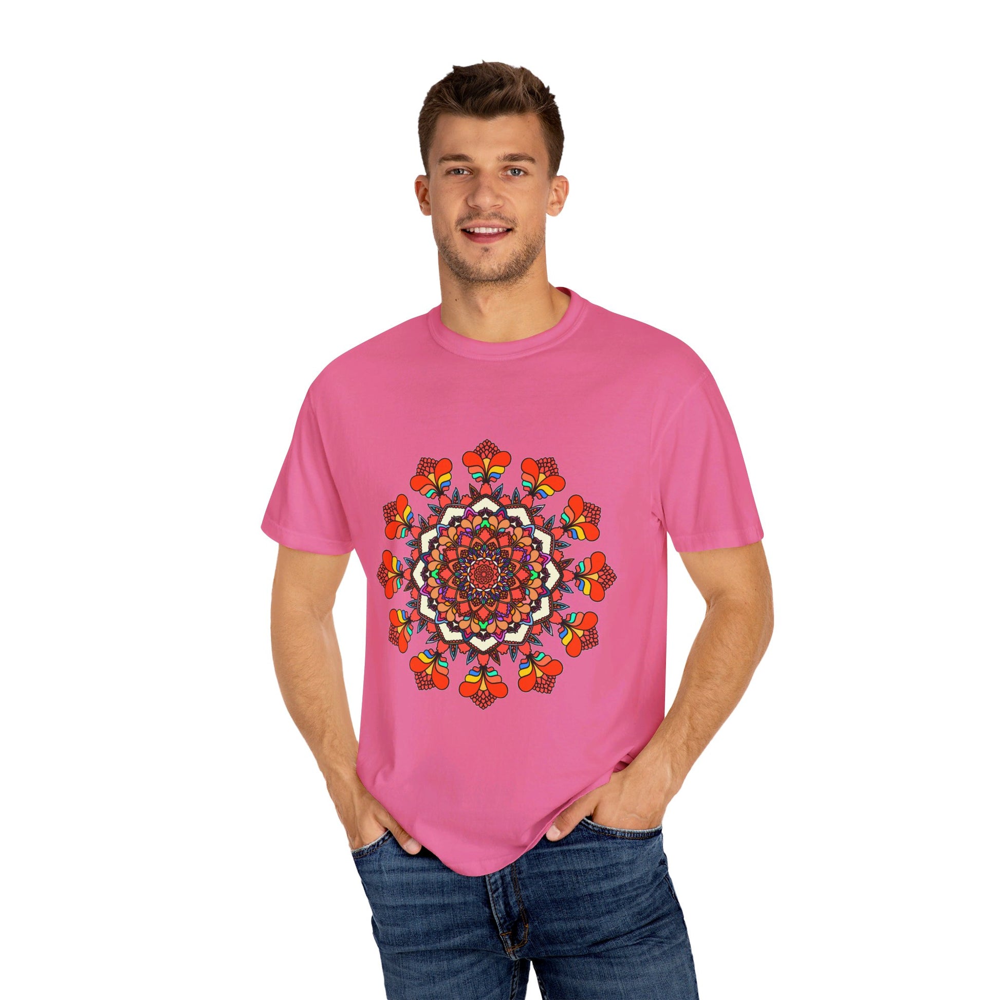 Unisex Mandala T-Shirt made of 100% Ring-Spun Cotton, featuring Hand-Drawn Mandala Art and Garment-Dyed for Extra Comfort