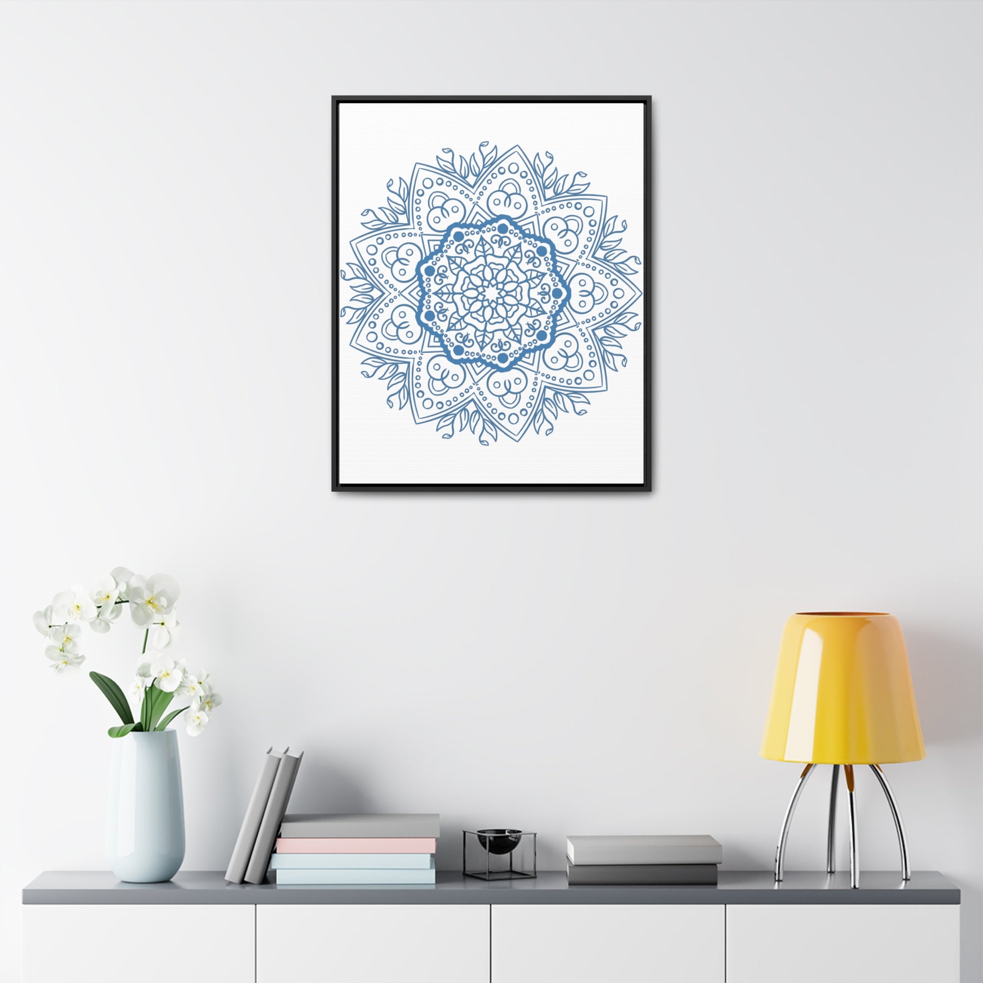 Beautiful handmade steel blue mandala design wall art on gallery canvas wraps in vertical frame