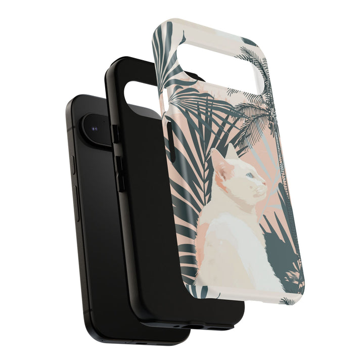 Tropische Katzen-Telefonhülle mit üppigen Palmenmotiven und sanften Pastelltönen