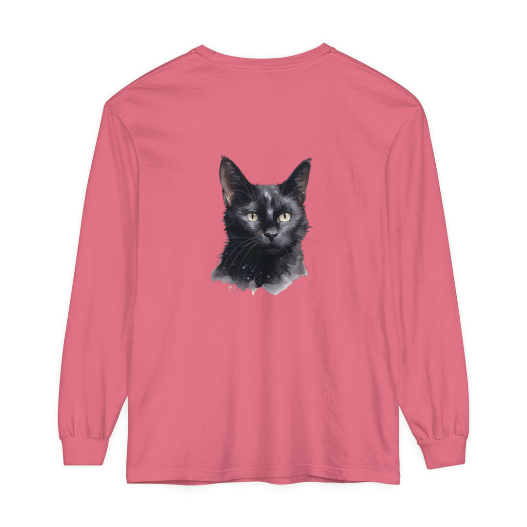 Black Cat Watercolor Unisex Long Sleeve T-Shirt featuring a vibrant watercolor design of a black cat on a comfortable, high-quality long sleeve shirt for men and women