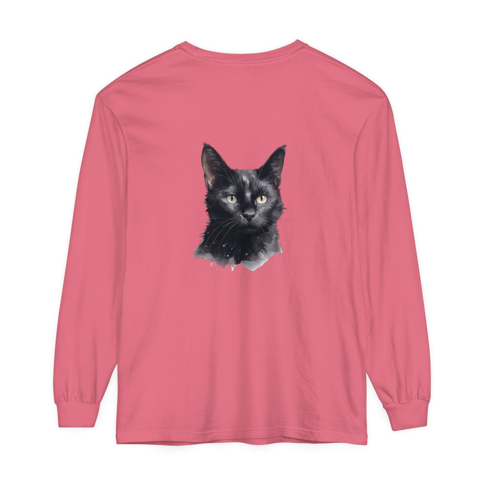 Black Cat Watercolor Unisex Long Sleeve T-Shirt featuring a vibrant watercolor design of a black cat on a comfortable, high-quality long sleeve shirt for men and women