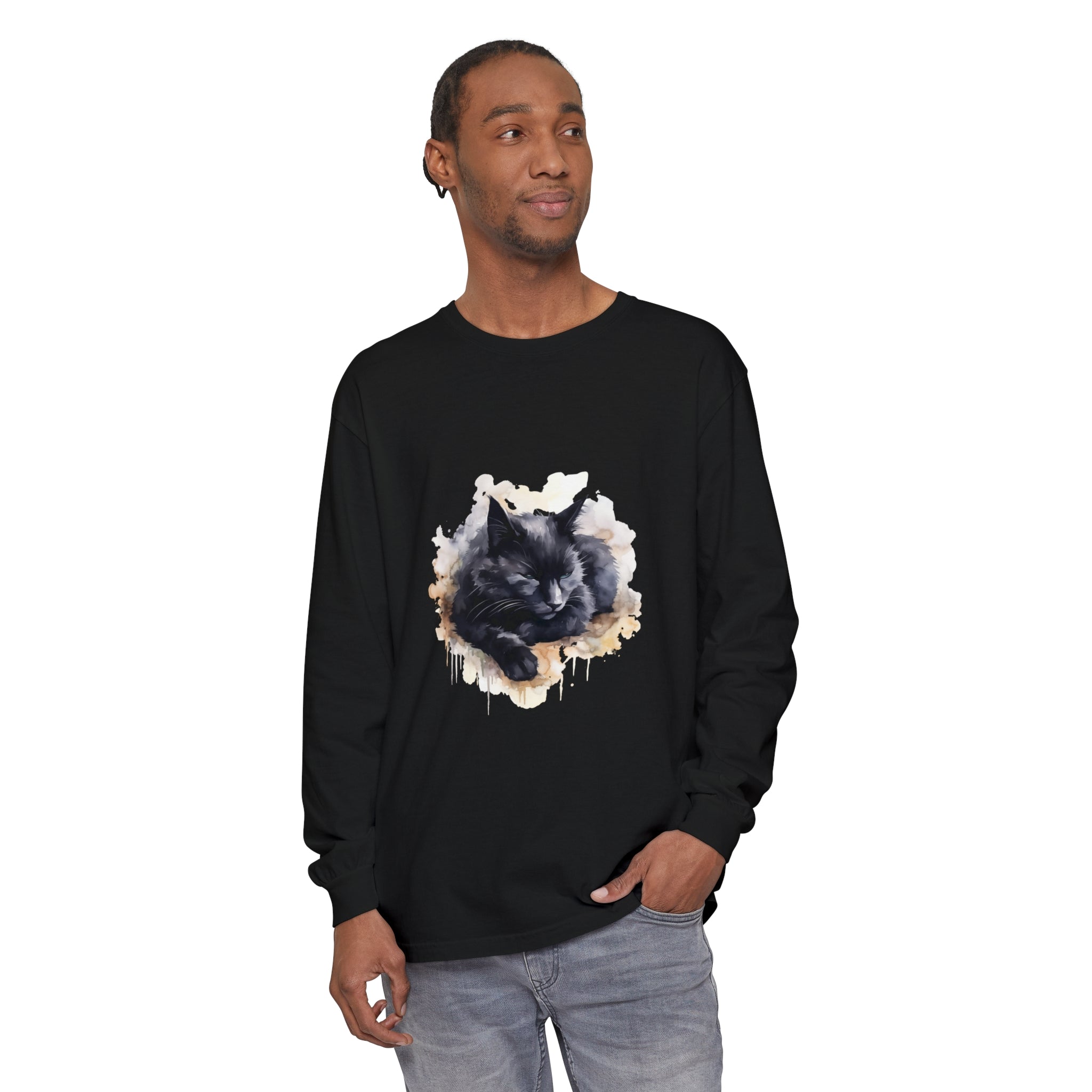 A beautiful watercolor illustration of a sleeping black cat on a comfortable t-shirt