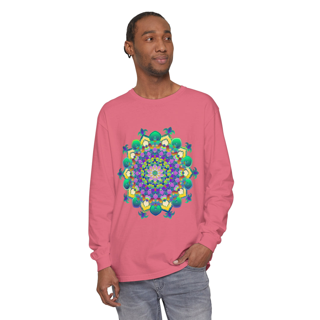 Beautiful long sleeve t-shirt featuring an intricate mandala design in vibrant colors