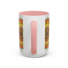 Beautiful mandala art in various colors on grey coffee mug
