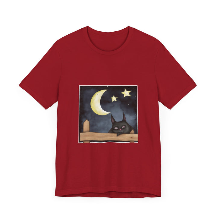 A cozy black t-shirt featuring a sleepy cat under the moonlit night