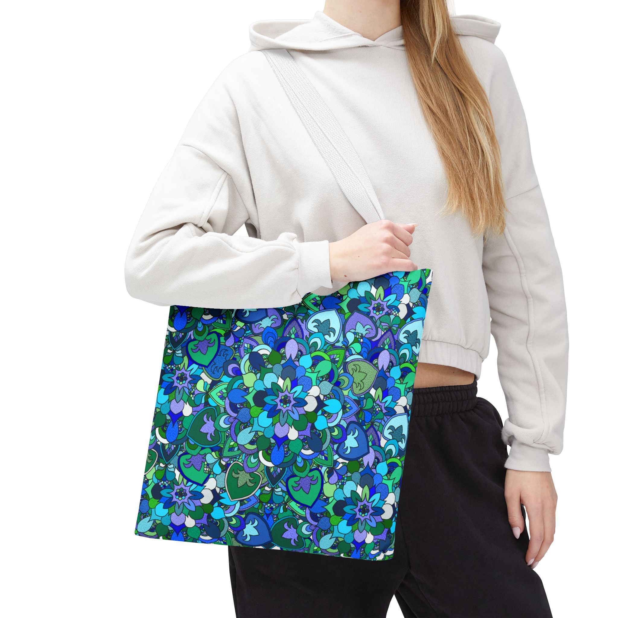 Blue Green Floral Mandala Tote Bag — Vibrant All-Over-Print Shopper