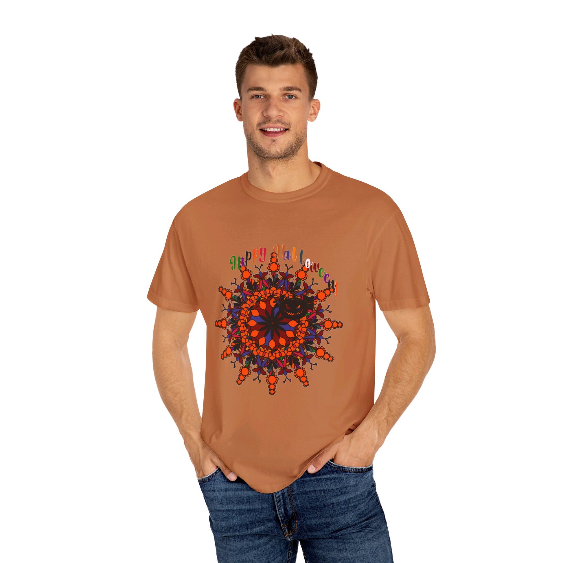 Handmade Halloween mandala t-shirt featuring a unique pumpkin mandala design on a garment-dyed unisex tee