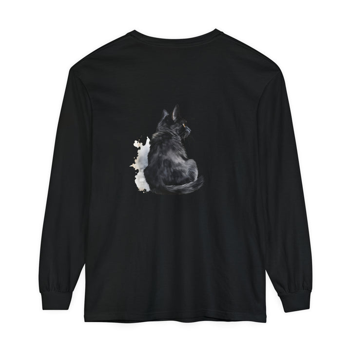 Black Cat Watercolor Unisex Long Sleeve T-Shirt featuring a beautiful watercolor design of a black cat on a high-quality, comfortable long sleeve shirt