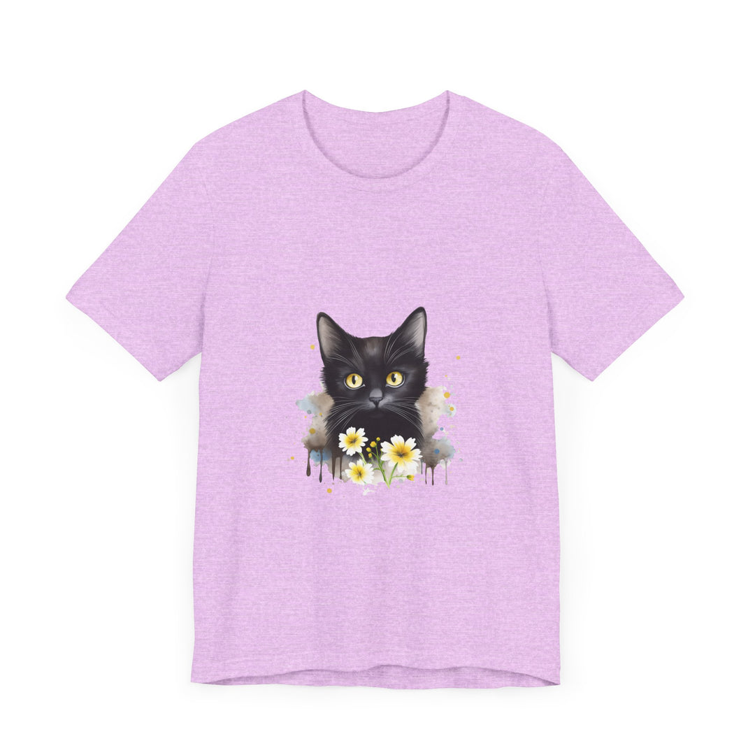 Black cat with piercing yellow eyes printed on a comfortable and stylish t-shirt