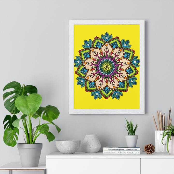 Detailed hand-drawn yellow mandala art in vertical frame for yoga practice