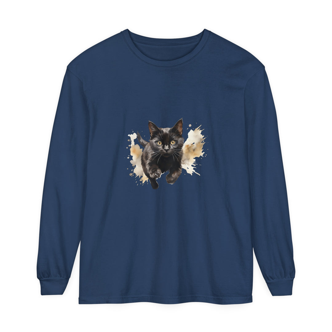 Black Cat Watercolor Sprint Unisex T-Shirt, a stylish and comfortable tee for all genders featuring a stunning watercolor print of a black cat