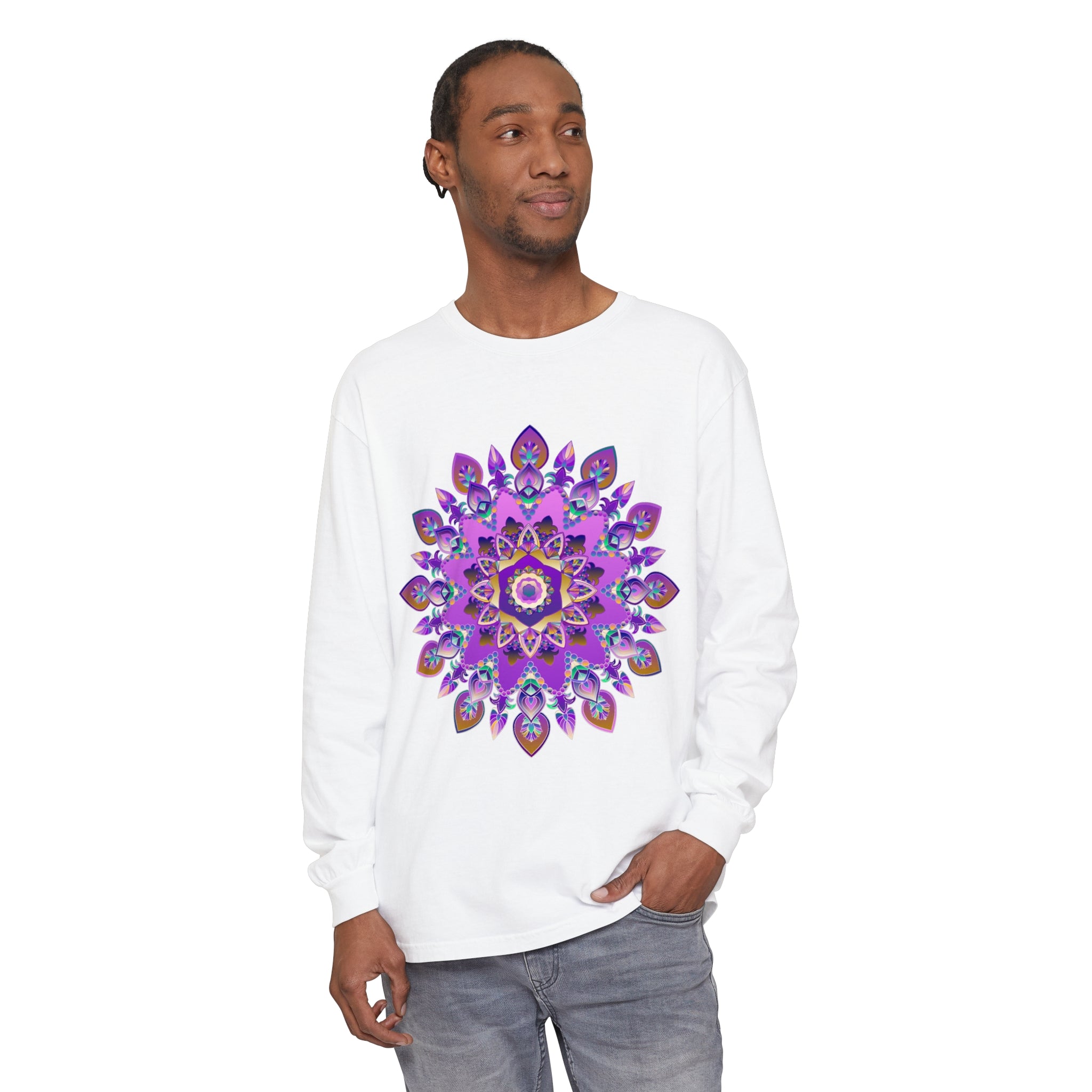 Beautiful purple and gold mandala patterned long sleeve t-shirt for women