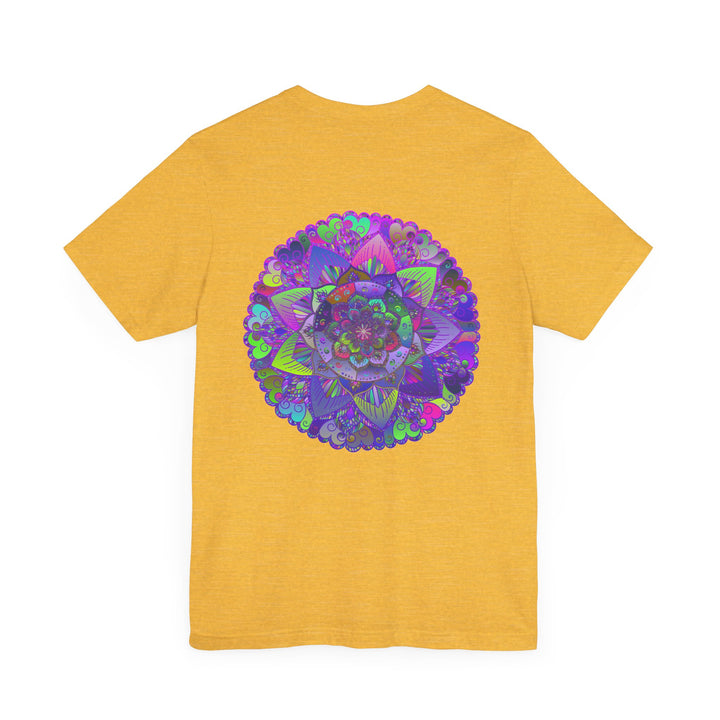 A colorful, vibrant mandala tee featuring intricate spiritual symbols for peace and harmony