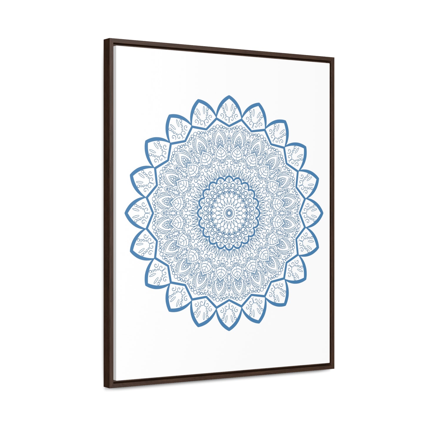 Beautiful steel blue handmade mandala design wall art on gallery canvas wraps, in a vertical frame