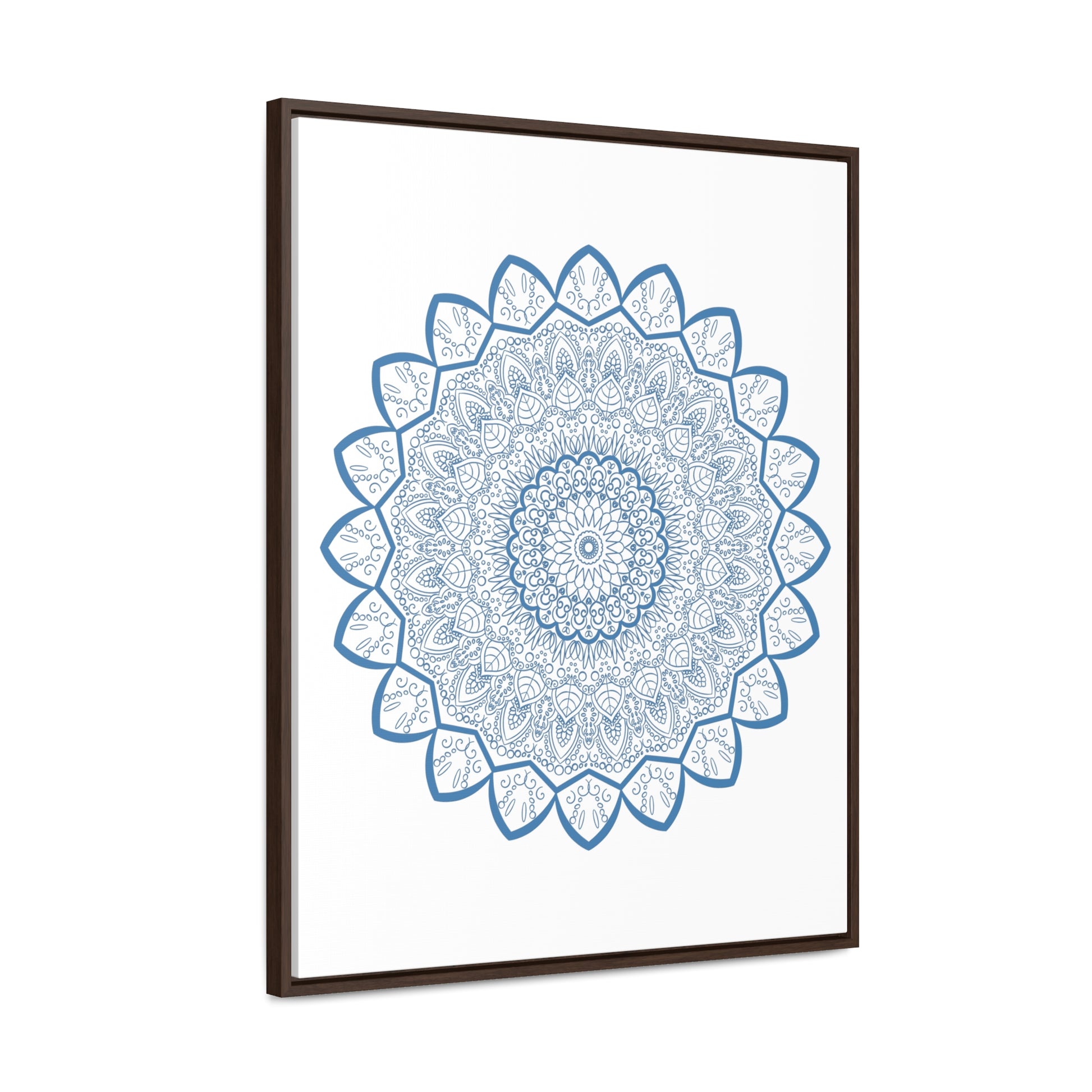 Beautiful steel blue handmade mandala design wall art on gallery canvas wraps, in a vertical frame