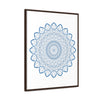 Beautiful steel blue handmade mandala design wall art on gallery canvas wraps, in a vertical frame