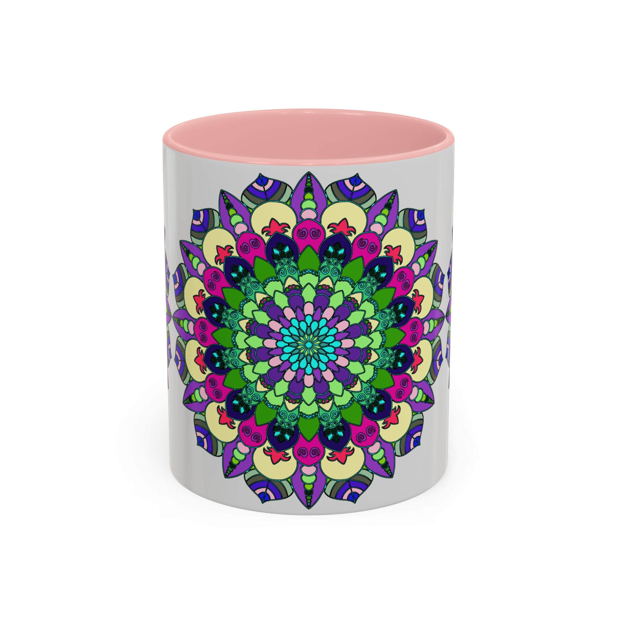 A close-up photo of a brightly colored ceramic mug featuring a mandala art design, with intricate patterns and vibrant hues, creating a spiritual and visually striking piece of functional art