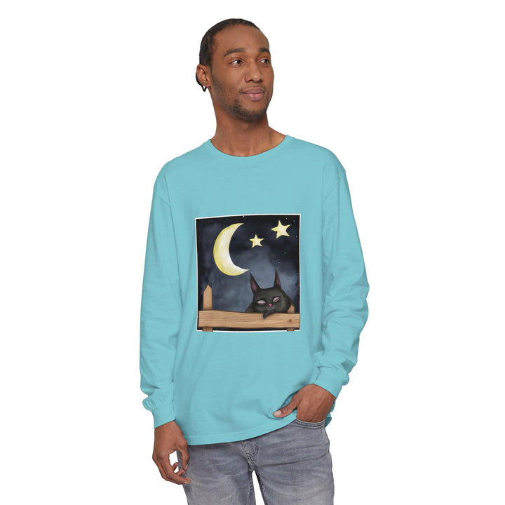 Black t-shirt with a cute sleepy cat gazing at the night sky design