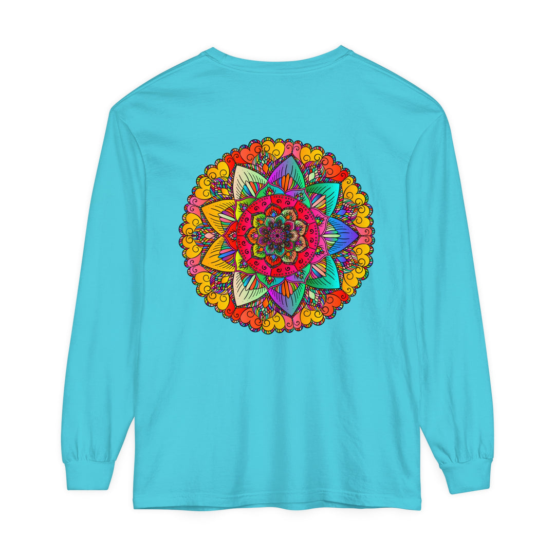 Colorful and intricate mandala design featured on unisex long sleeve t-shirt