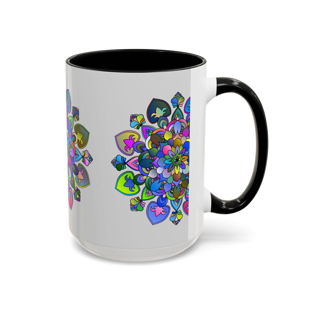 Colorful mandala art on a stylish grey ceramic mug