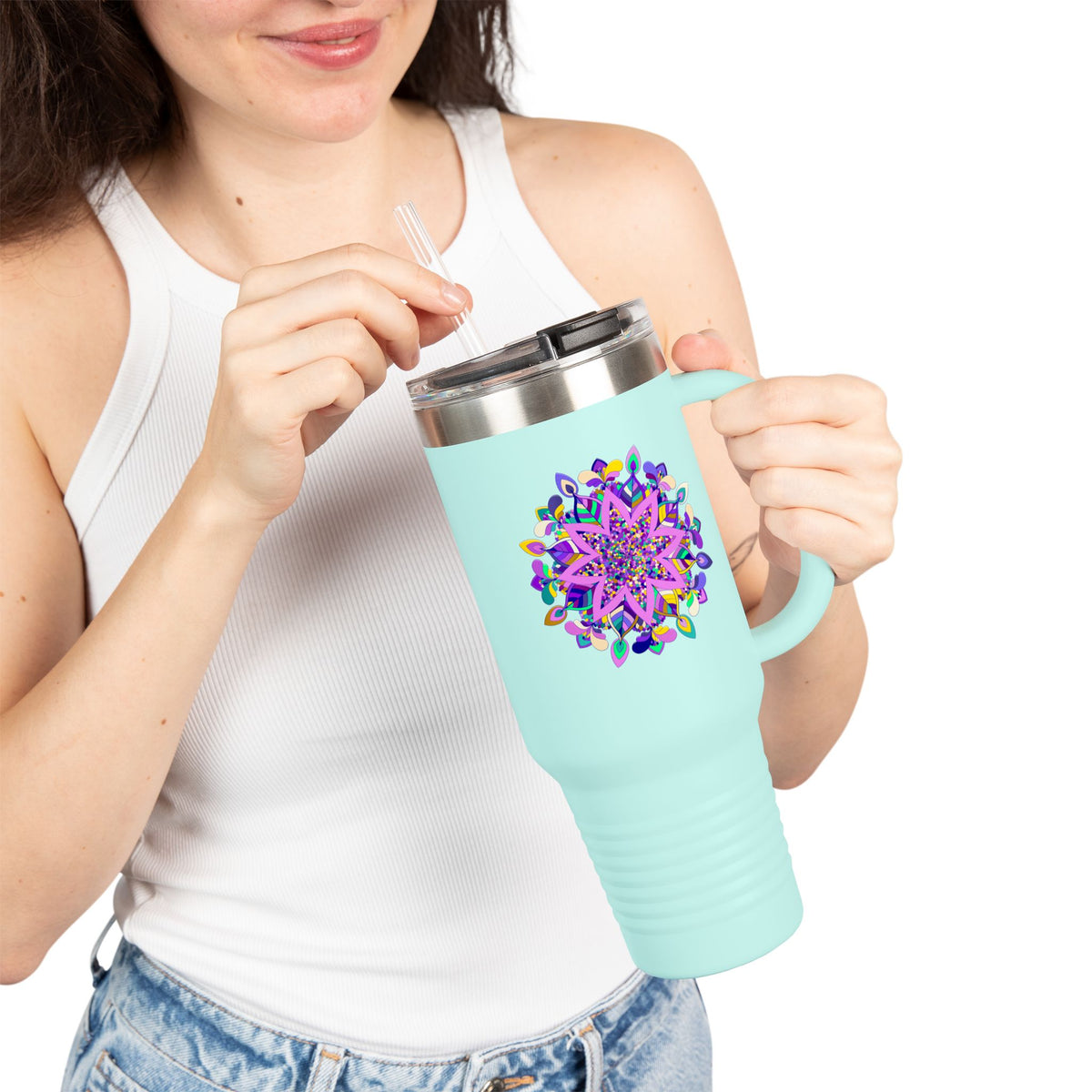 40oz Insulated Travel Mug — Purple Floral Mandala Design