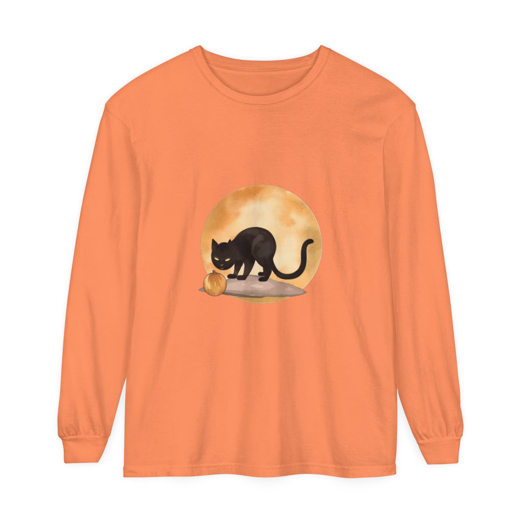 Black cat Halloween t-shirt with full moon and spooky trees