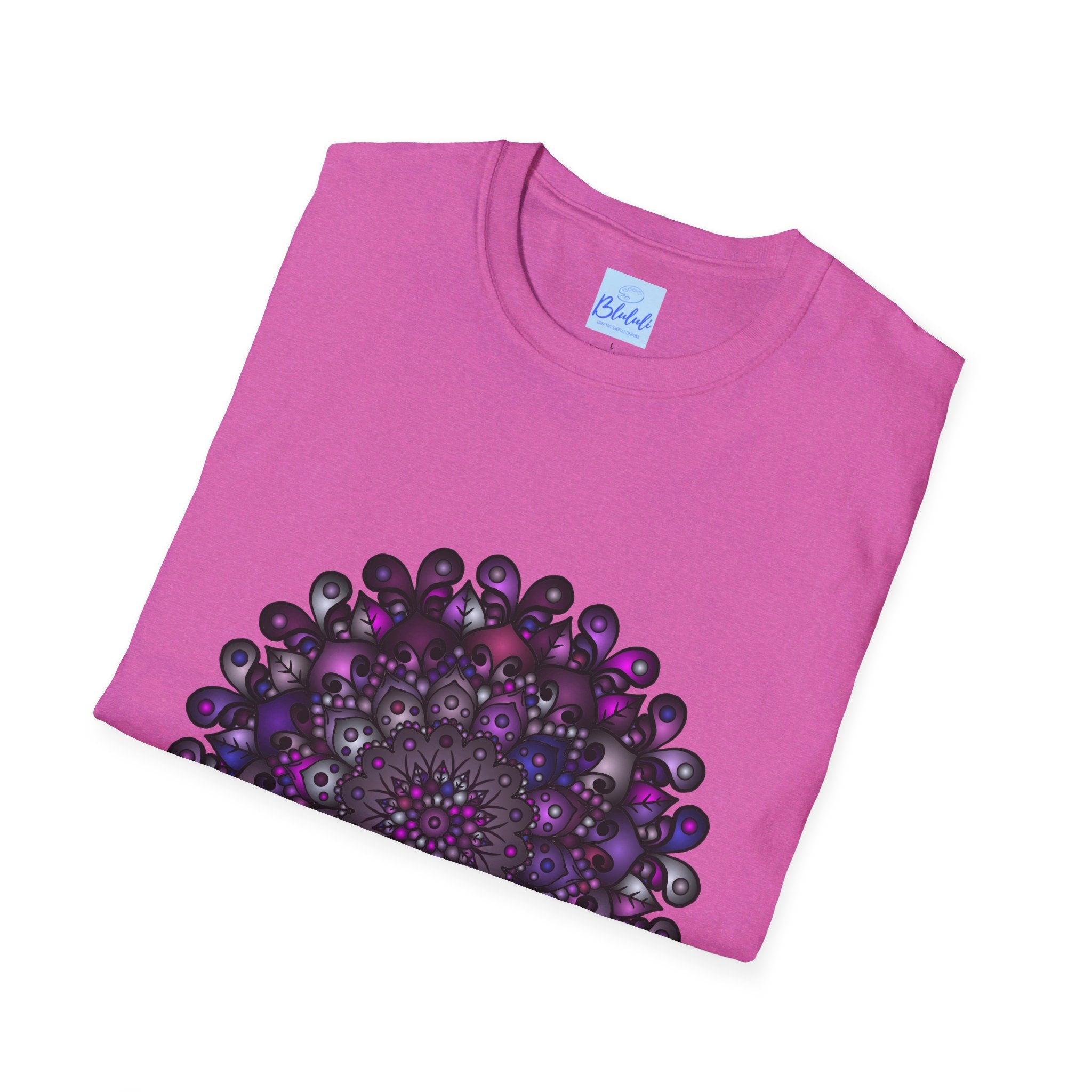 Colorful handmade mandala art softstyle t-shirt with intricate design and vibrant hues