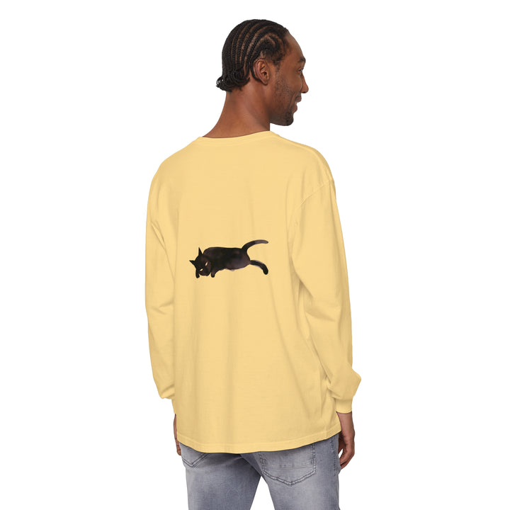 Black cat resting peacefully on a comfortable unisex long sleeve t-shirt