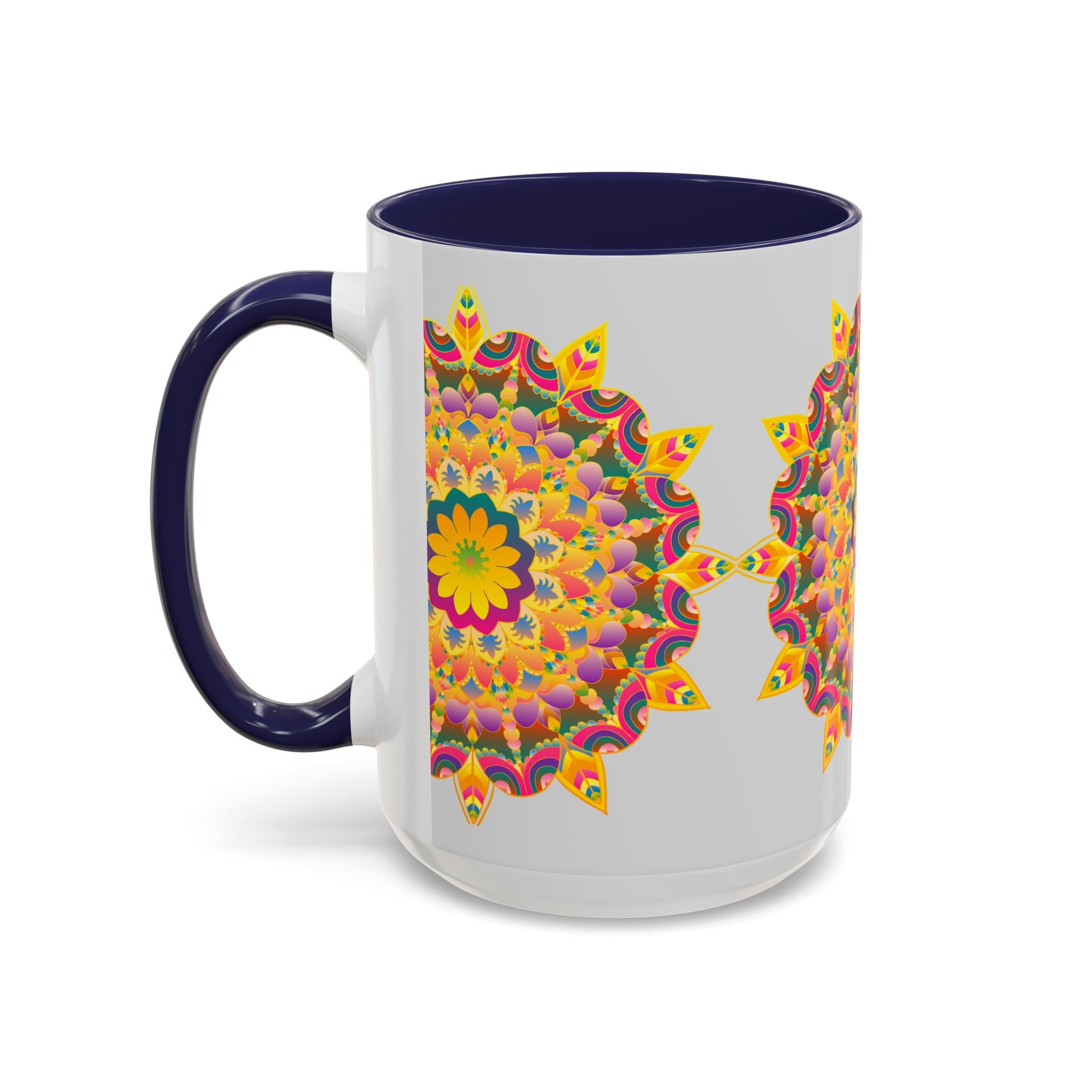 Beautiful mandala art mug with a vibrant floral design, perfect for enjoying your favorite hot beverage in style