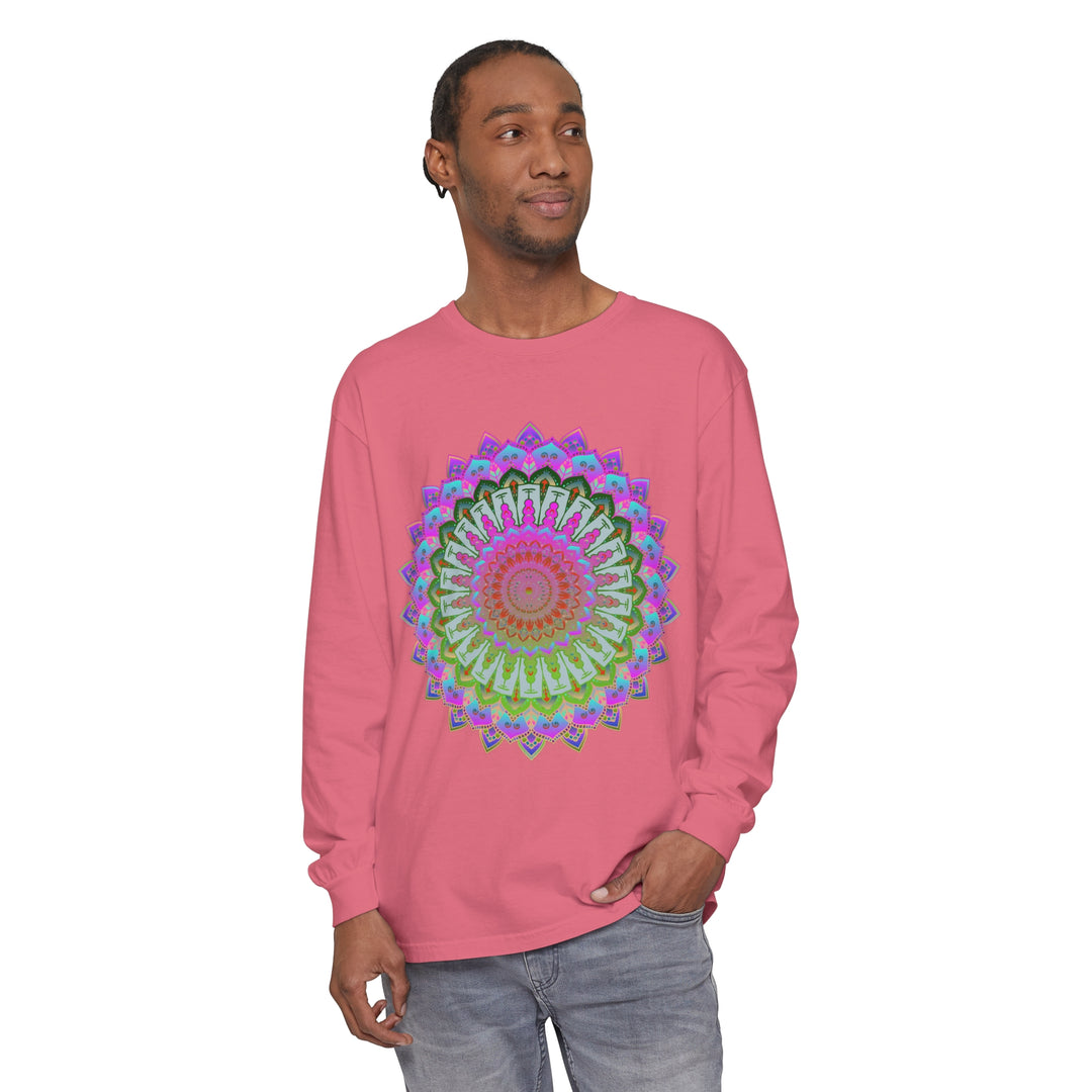 Colorful and intricate mandala design, perfect for anyone, on a long sleeve unisex t-shirt