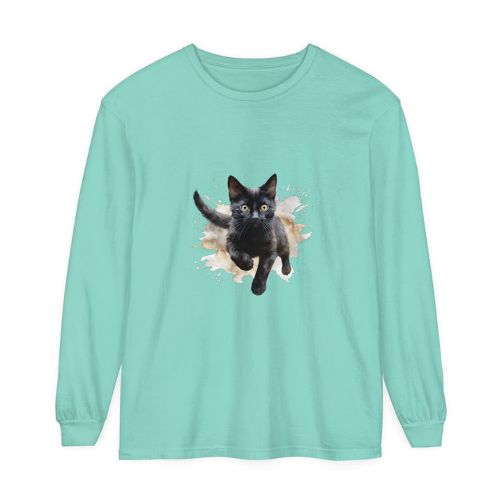 Black Cat Watercolor Splash T-Shirt featuring a playful feline design