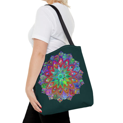 Dark green tote bag with stunning and colorful mandala artwork