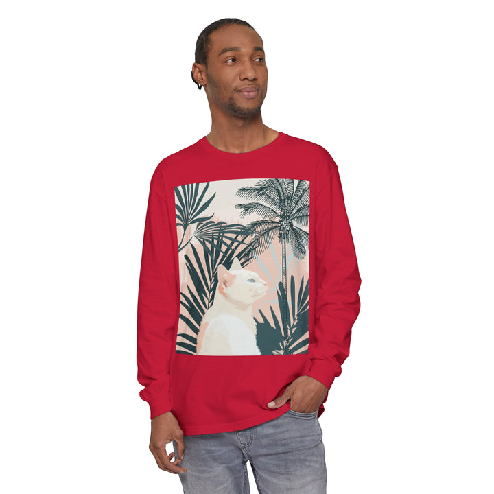 White Cat Tropical Mandala Long Sleeve T-Shirt featuring a vibrant, colorful design