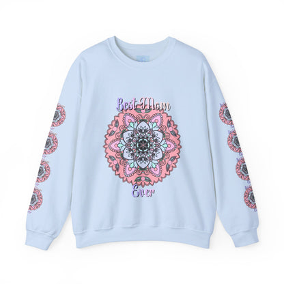 Handmade Mandala Design Crewneck Sweatshirt in Turquoise and Purple with Intricate Floral Pattern