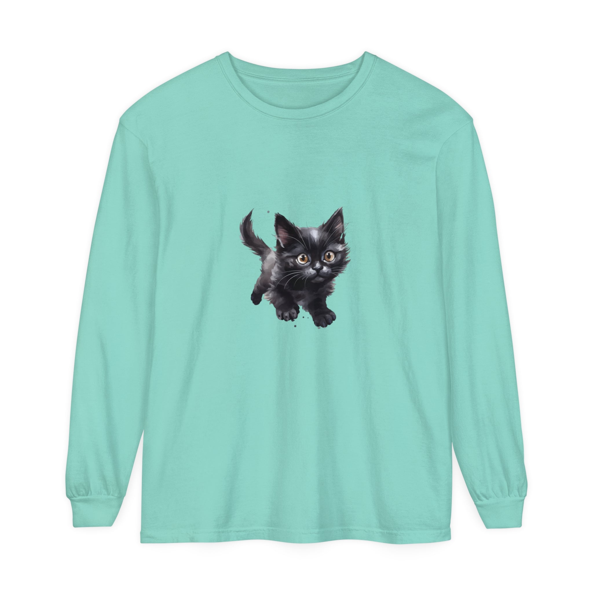 A colorful watercolor illustration of a playful kitten printed on a comfortable and stylish t-shirt Perfect for cat lovers and those who appreciate unique, artistic fashion