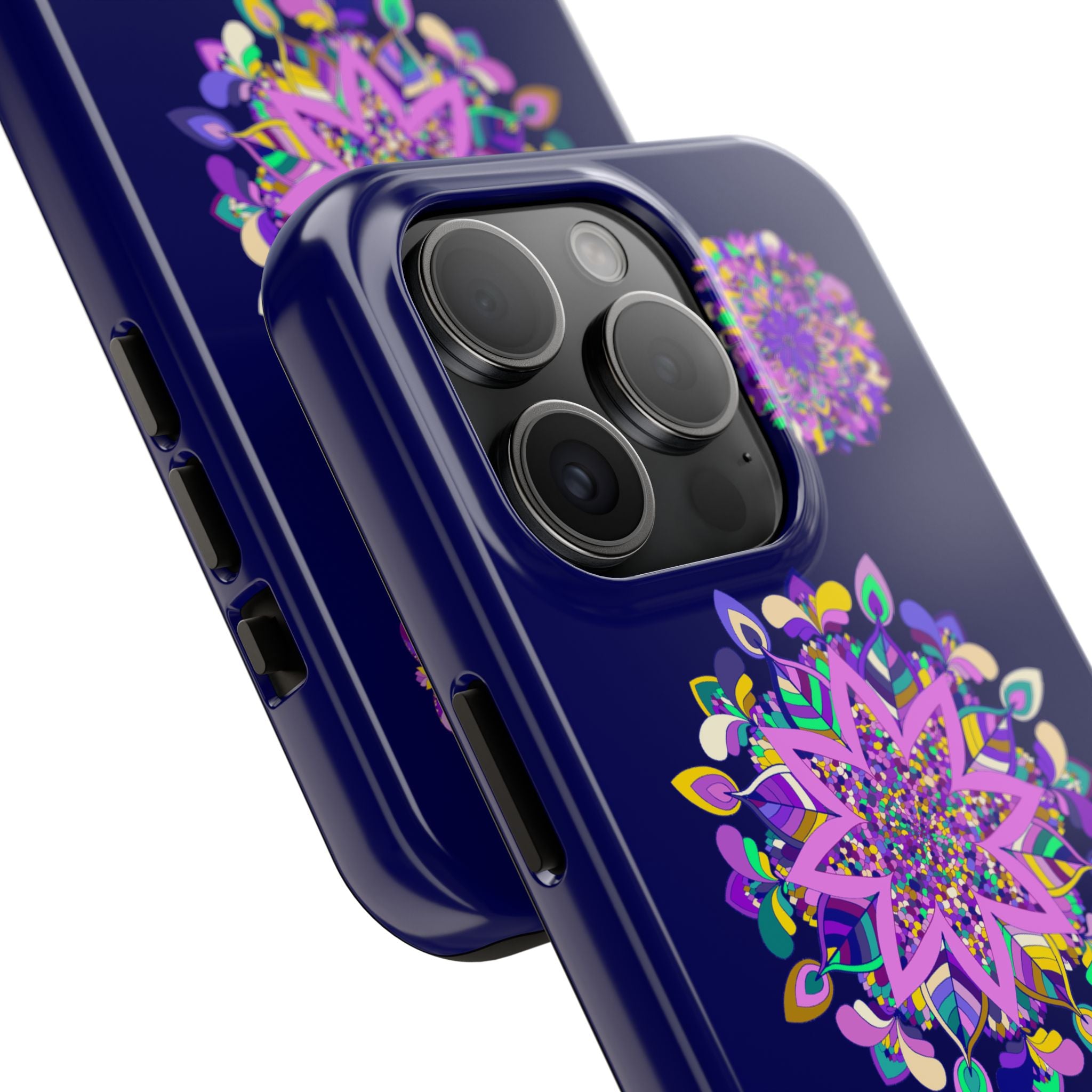 Hand drawn purple mandala art phone case, durable and shock absorbent