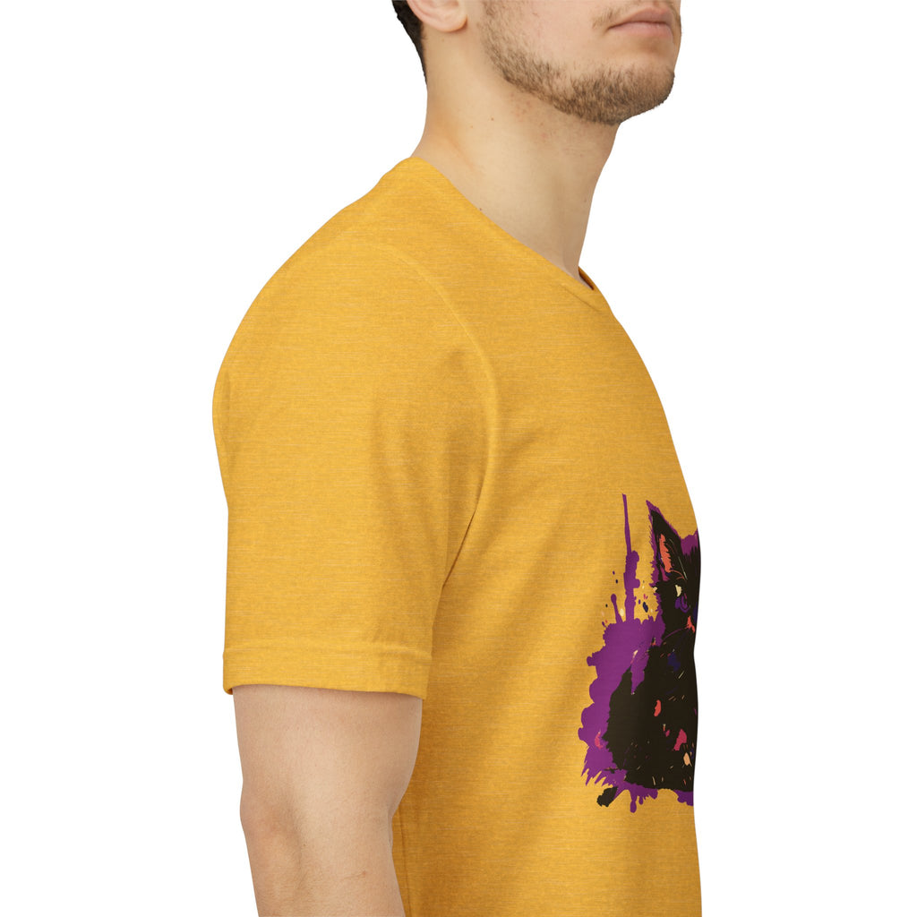 Schwarzes Katzenrätsel – Lila Farbspritzer-T-Shirt