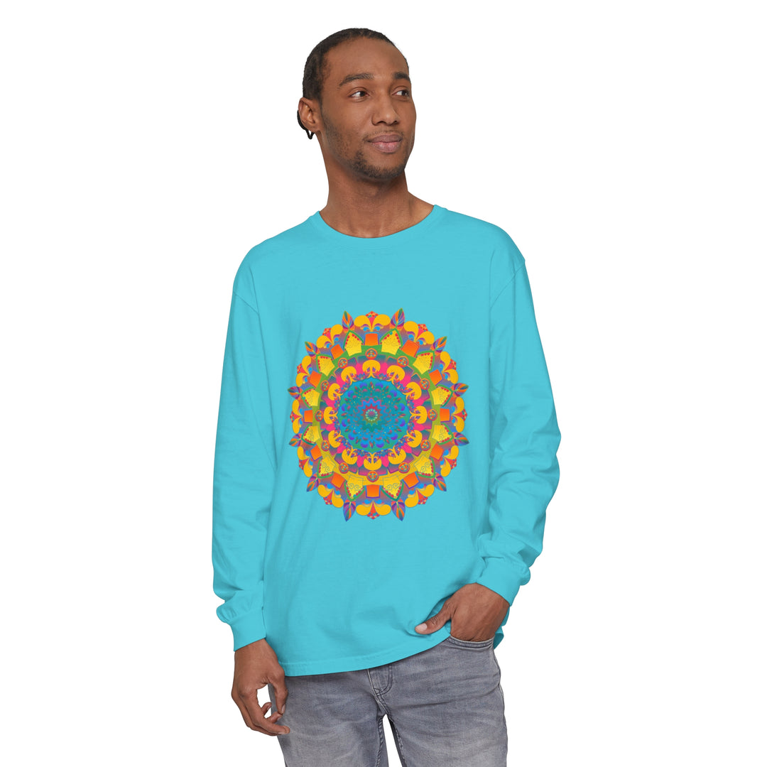 Colorful and intricate mandala design on a unisex long sleeve t-shirt