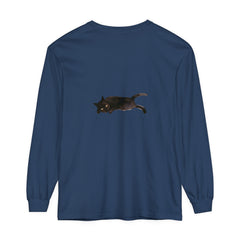 A cozy unisex long sleeve T-shirt featuring a sleeping black cat design