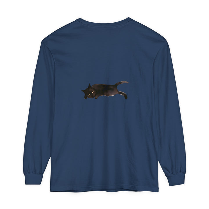 A cozy unisex long sleeve T-shirt featuring a sleeping black cat design