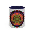 Colorful and spiritual mandala art mug with intricate design and vibrant colors