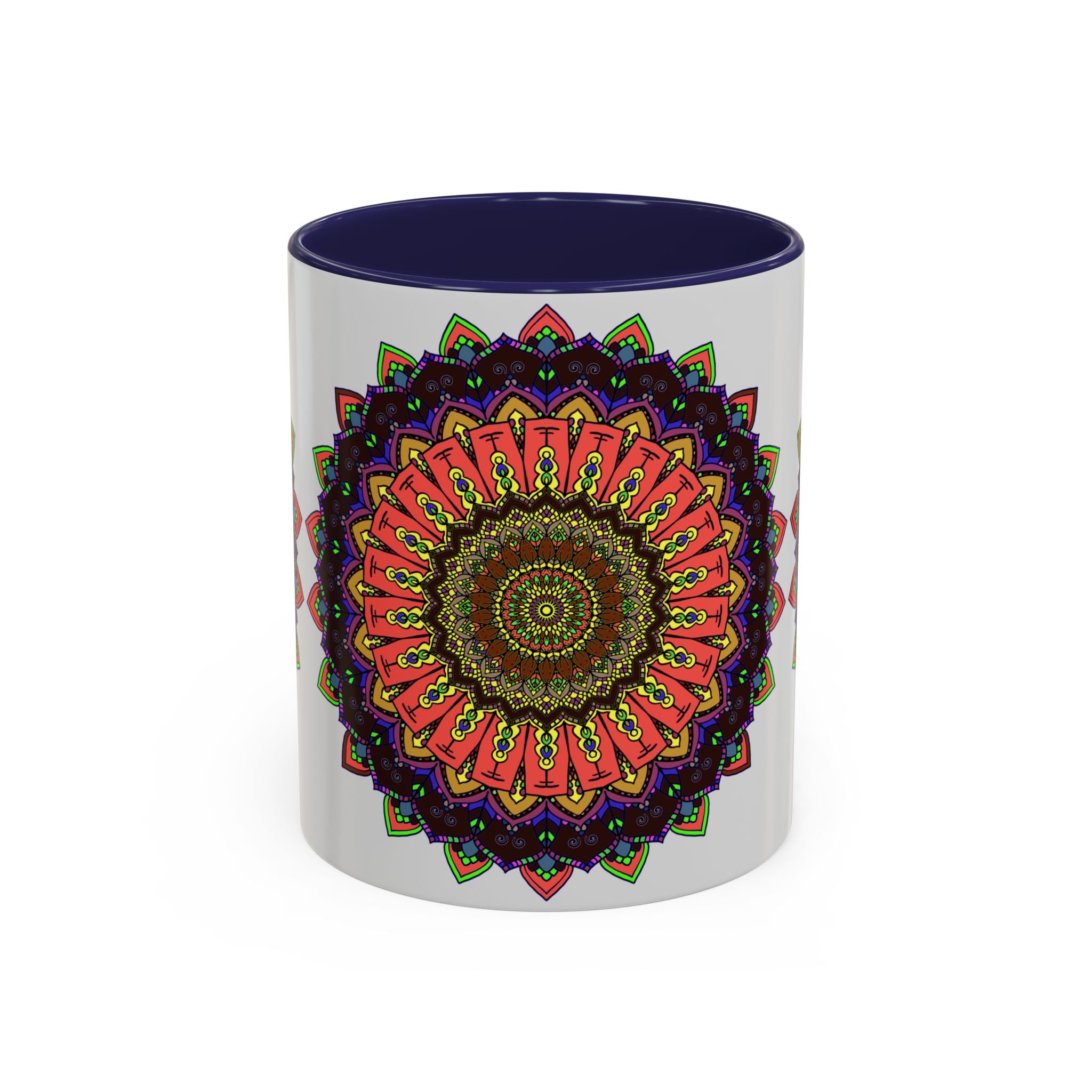 Colorful and spiritual mandala art mug with intricate design and vibrant colors