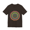 A vibrant and colorful intricate mandala meditation tee for inner peace and mindfulness practices