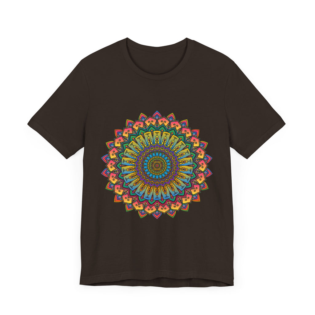 A vibrant and colorful intricate mandala meditation tee for inner peace and mindfulness practices