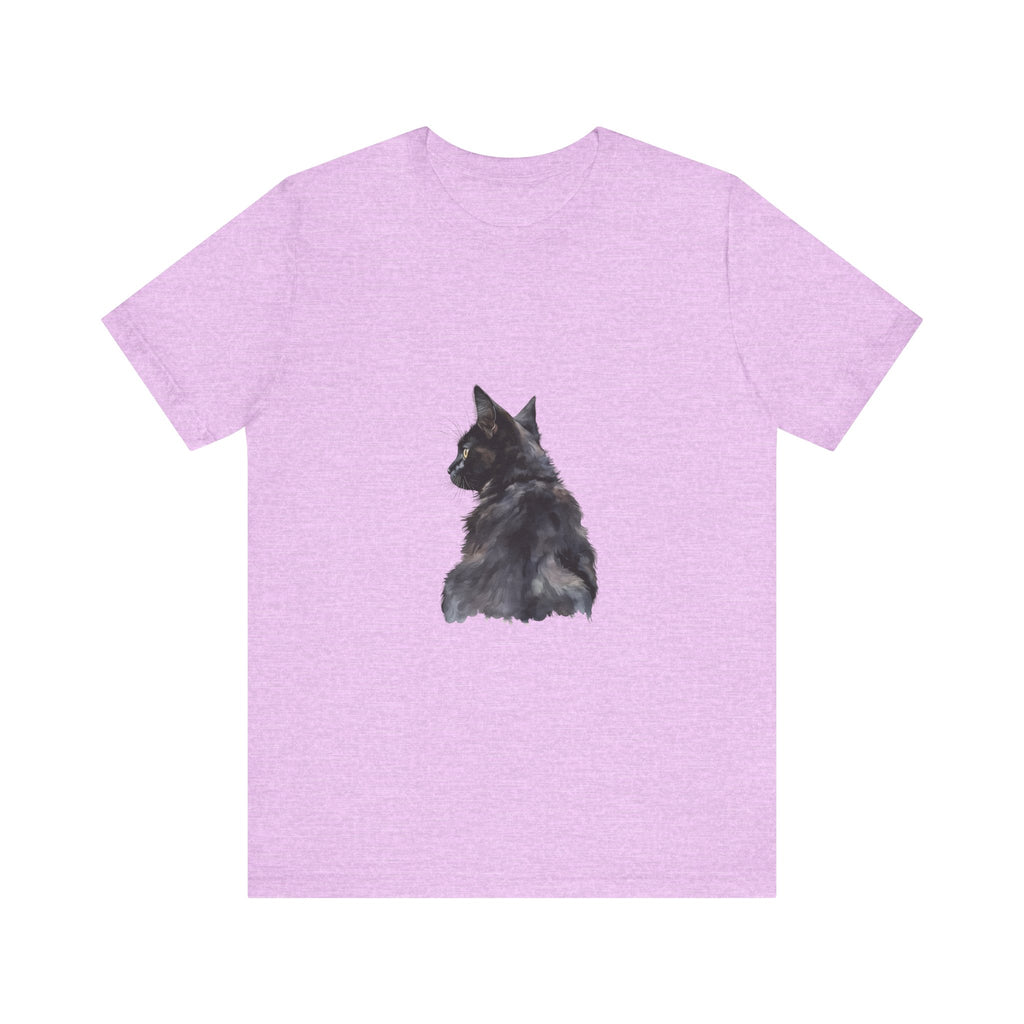 Mysterious Black Cat Watercolor Tee: A stylish black t-shirt featuring a watercolor illustration of a mysterious black cat, perfect for cat lovers and those who appreciate unique fashion