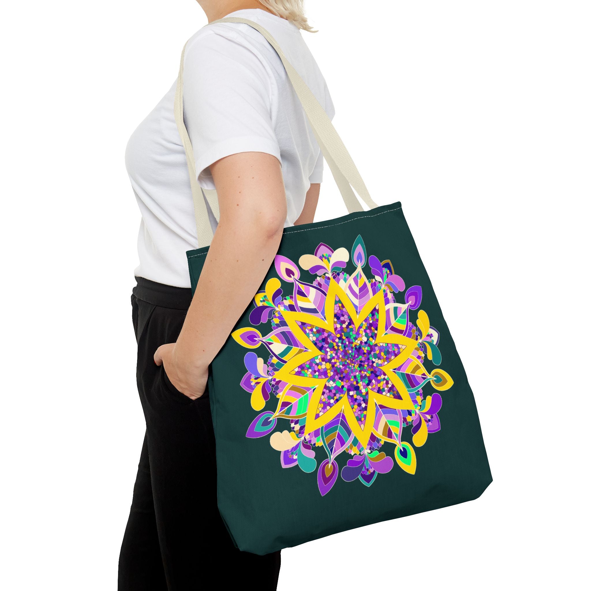 Dark green tote bag with colorful mandala design, perfect for the zen girl in your life - Blululi brand