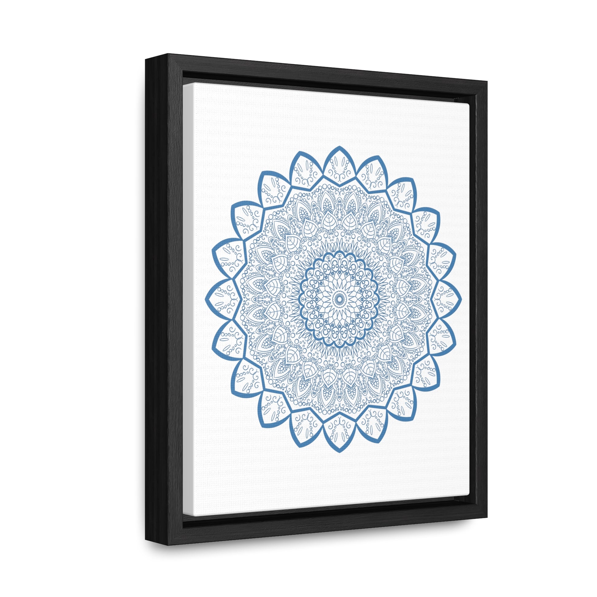 Handmade steel blue Mandala Design Wall Art on gallery canvas wraps displayed in a vertical frame