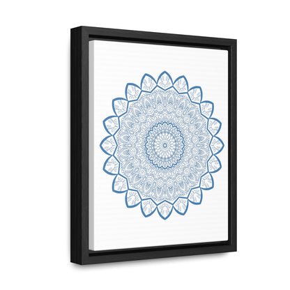 Handmade steel blue Mandala Design Wall Art on gallery canvas wraps displayed in a vertical frame