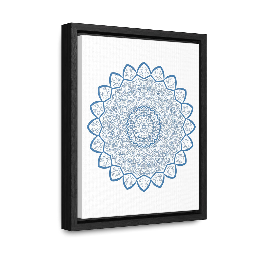 Handmade steel blue Mandala Design Wall Art on gallery canvas wraps displayed in a vertical frame