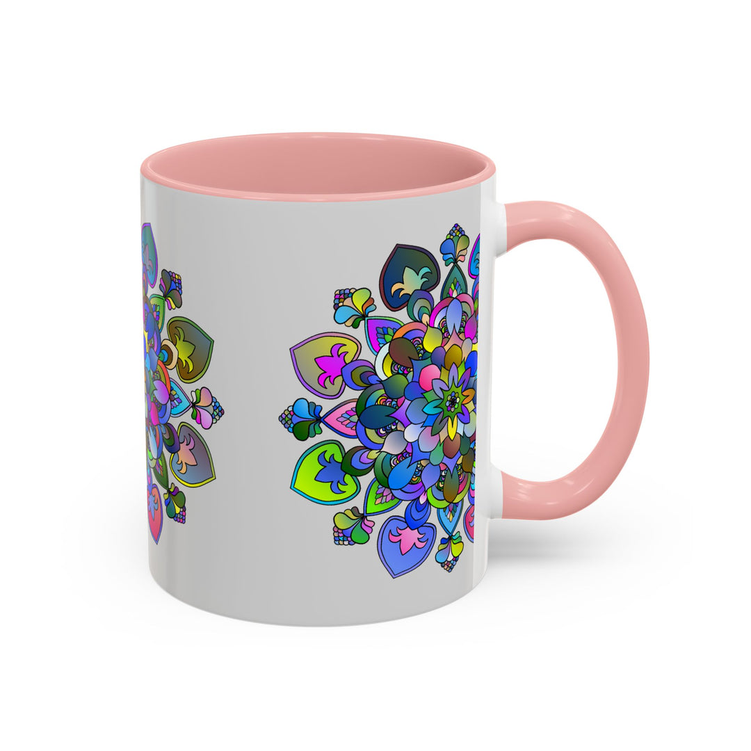 Colorful mandala mug featuring intricate floral art on a grey background